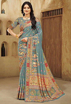 Digital Printed Crepe Silk Saree in Dusty Blue