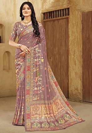 Digital Printed Crepe Silk Saree in Dusty Purple