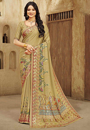 Digital Printed Crepe Silk Saree in Fawn