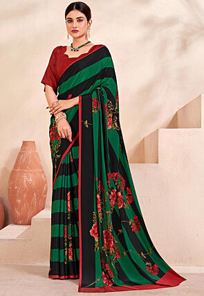 Digital Printed Crepe Silk Saree in Green and Black