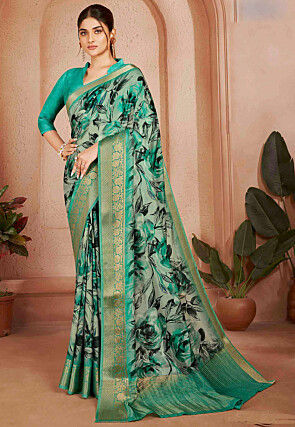 Digital Printed Crepe Silk Saree in Green