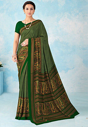 Digital Printed Crepe Silk Saree in Green