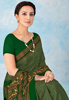 Digital Printed Crepe Silk Saree in Green