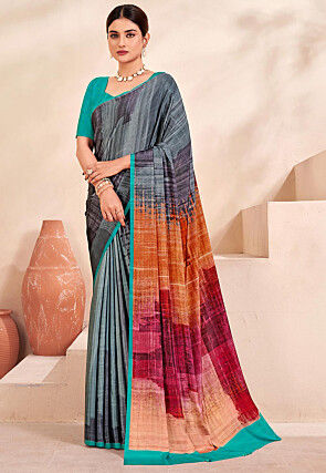 Digital Printed Crepe Silk Saree in Grey and Multicolor