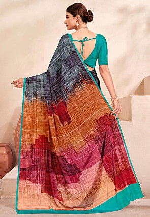 Digital Printed Crepe Silk Saree in Grey and Multicolor