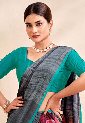 Digital Printed Crepe Silk Saree in Grey and Multicolor