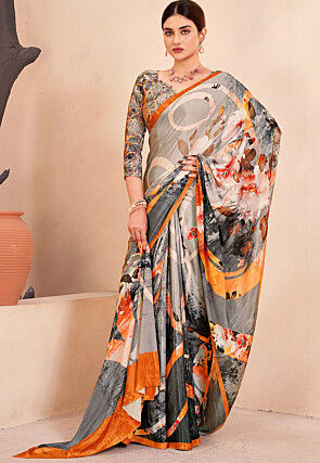 Digital Printed Crepe Silk Saree in Grey and Multicolor