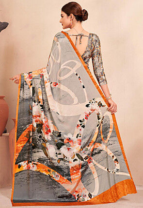 Digital Printed Crepe Silk Saree in Grey and Multicolor