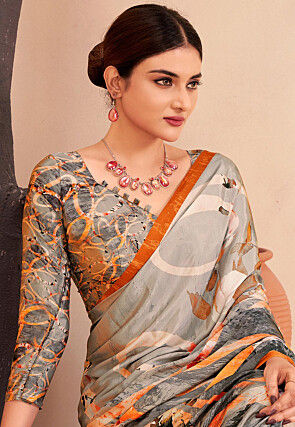Digital Printed Crepe Silk Saree in Grey and Multicolor