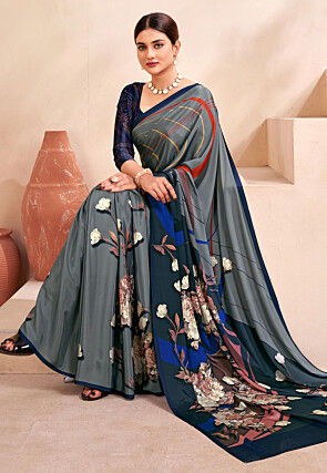 Digital Printed Crepe Silk Saree in Grey