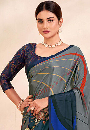 Digital Printed Crepe Silk Saree in Grey