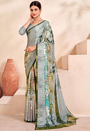 Digital Printed Crepe Silk Saree in Grey