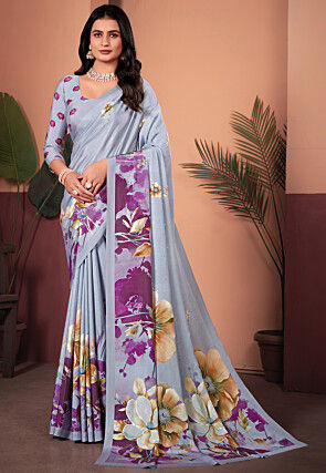 Digital Printed Crepe Silk Saree in Grey