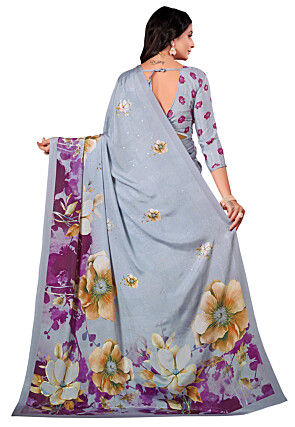 Digital Printed Crepe Silk Saree in Grey