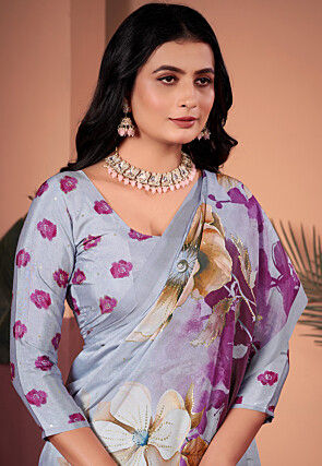 Digital Printed Crepe Silk Saree in Grey