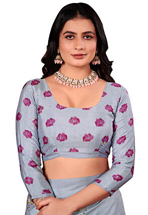 Digital Printed Crepe Silk Saree in Grey