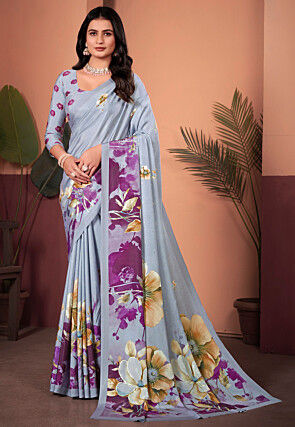 Digital Printed Crepe Silk Saree in Grey