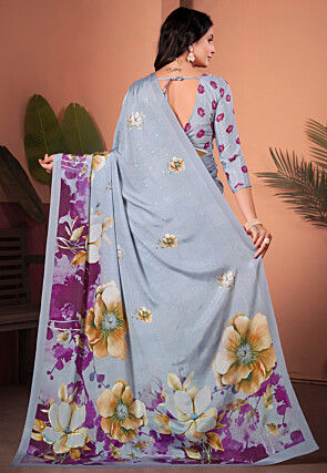 Digital Printed Crepe Silk Saree in Grey