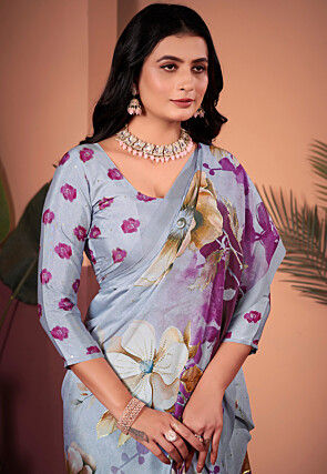 Digital Printed Crepe Silk Saree in Grey