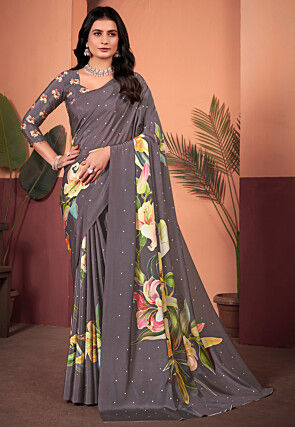 Digital Printed Crepe Silk Saree in Grey