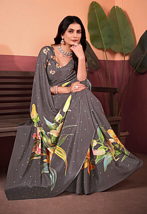 Digital Printed Crepe Silk Saree in Grey