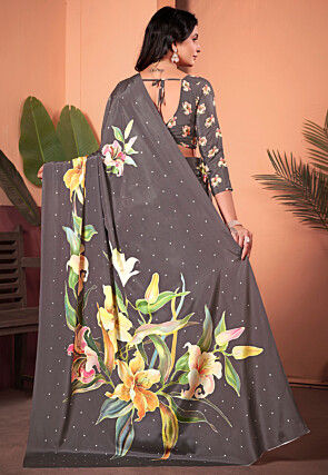 Digital Printed Crepe Silk Saree in Grey
