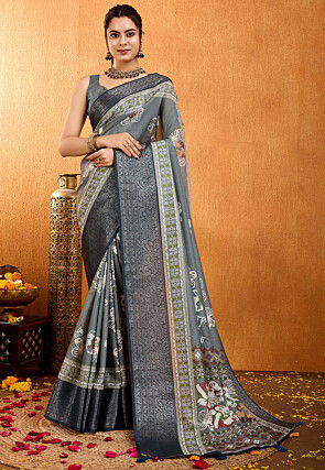 Digital Printed Crepe Silk Saree in Grey