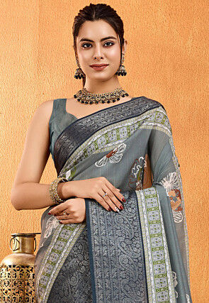 Digital Printed Crepe Silk Saree in Grey