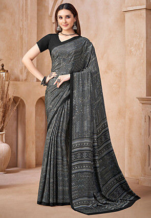 Digital Printed Crepe Silk Saree in Grey