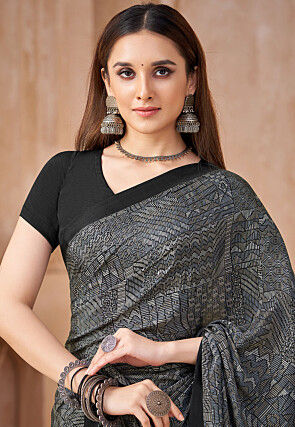 Digital Printed Crepe Silk Saree in Grey