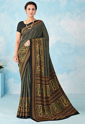 Digital Printed Crepe Silk Saree in Grey