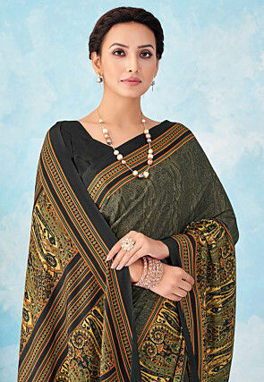 Digital Printed Crepe Silk Saree in Grey