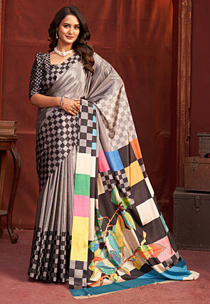 Digital Printed Crepe Silk Saree in Grey