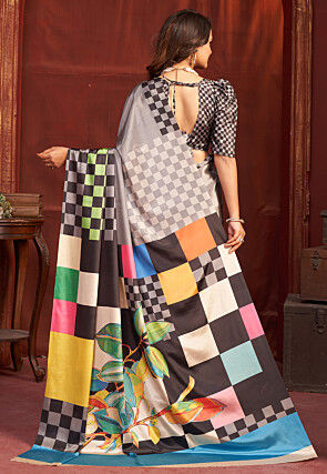 Digital Printed Crepe Silk Saree in Grey