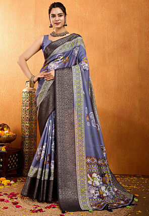 Digital Printed Crepe Silk Saree in Indigo Blue