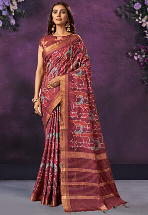 Digital Printed Crepe Silk Saree in Maroon