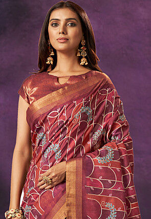 Digital Printed Crepe Silk Saree in Maroon