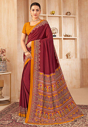 Digital Printed Crepe Silk Saree in Maroon