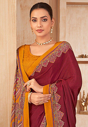 Digital Printed Crepe Silk Saree in Maroon