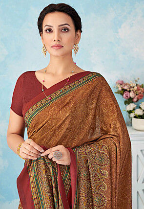 Digital Printed Crepe Silk Saree in Maroon