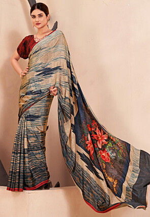 Digital Printed Crepe Silk Saree in Multicolor