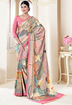 Digital Printed Crepe Silk Saree in Multicolor