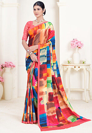 Digital Printed Crepe Silk Saree in Multicolor