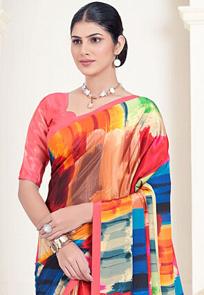 Digital Printed Crepe Silk Saree in Multicolor