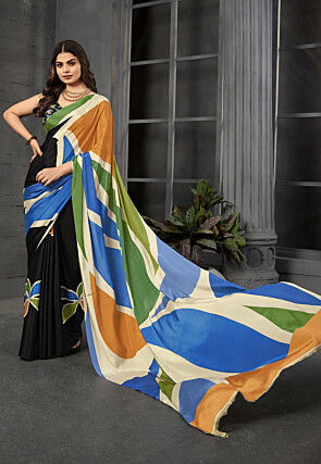 Digital Printed Crepe Silk Saree in Multicolor