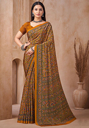 Digital Printed Crepe Silk Saree in Mustard