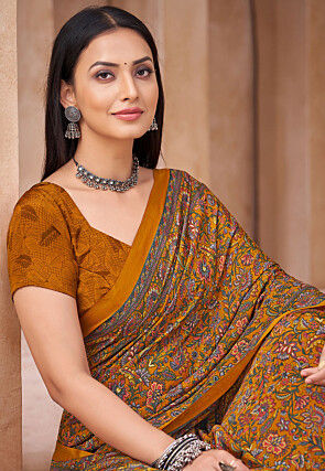 Digital Printed Crepe Silk Saree in Mustard