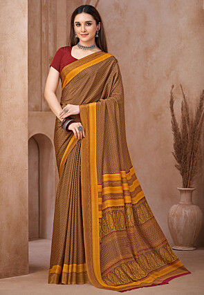 Digital Printed Crepe Silk Saree in Mustard