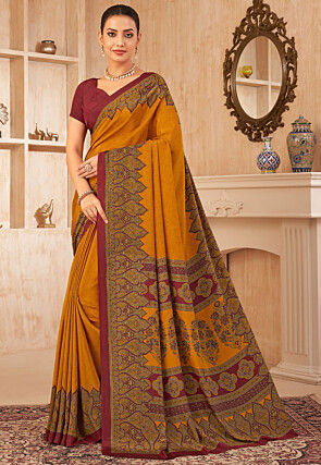 Digital Printed Crepe Silk Saree in Mustard