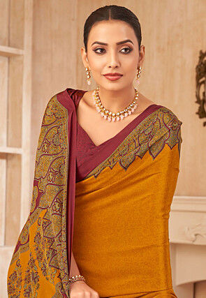 Digital Printed Crepe Silk Saree in Mustard